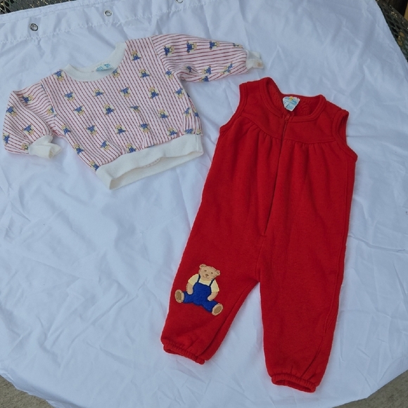 tiny togs Other - Vintage Red Baby Overalls with Bear Patch and Striped Sweater